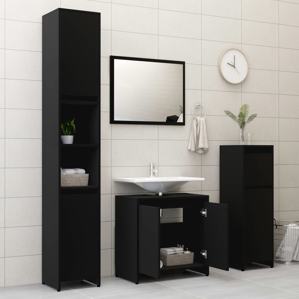 Bathroom furniture set, 3 pieces, black, processed wood