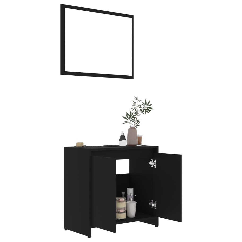 Set mobilier de baie, 3 piese, negru, lemn prelucrat