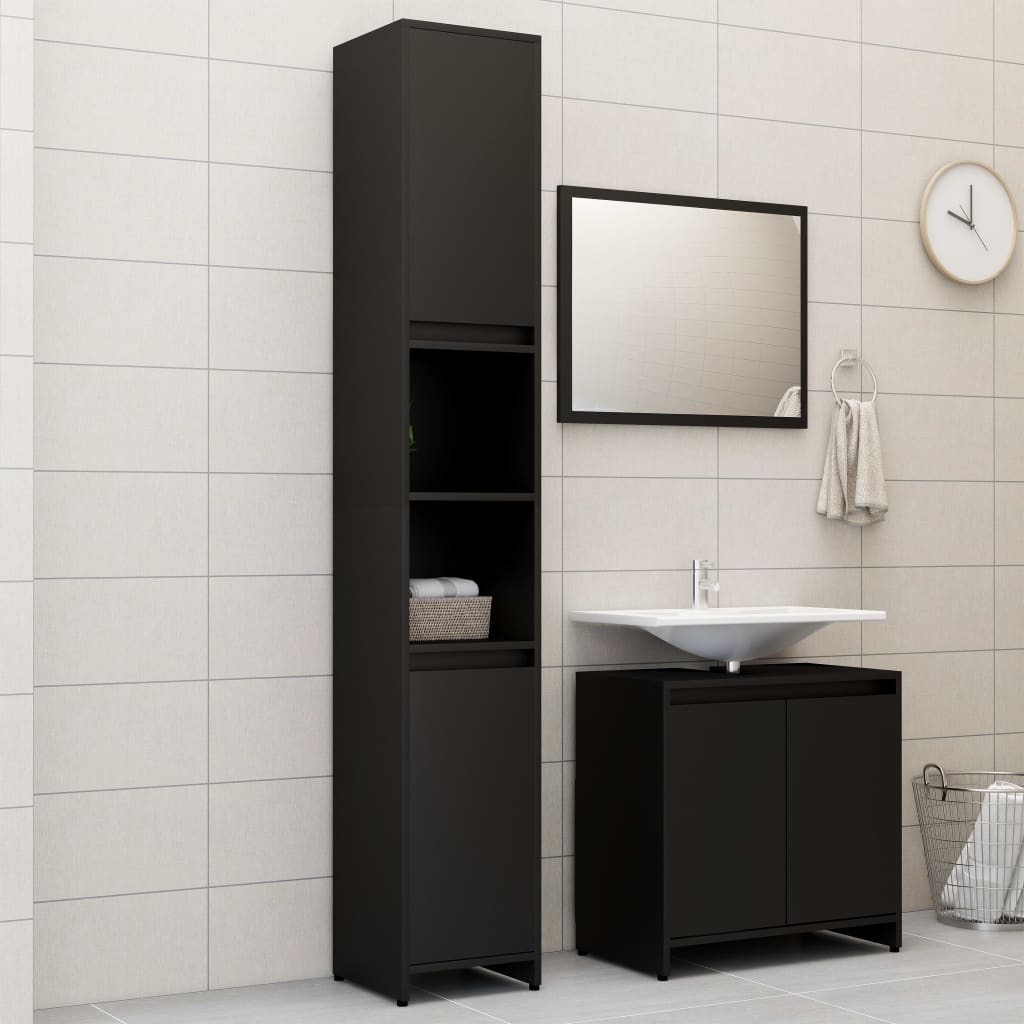 Bathroom furniture set, 3 pieces, black, processed wood