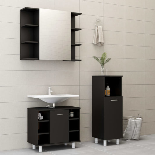 Bathroom furniture set, 3 pieces, black, processed wood