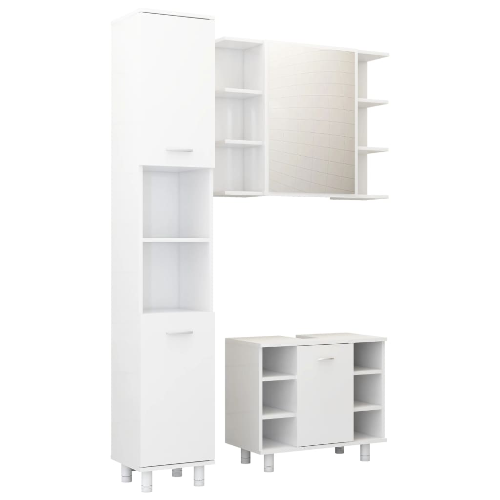 Set mobilier de baie, 3 piese, alb extralucios, lemn prelucrat