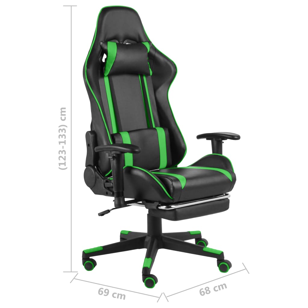 Swivel gaming chair with footrest, green, PVC