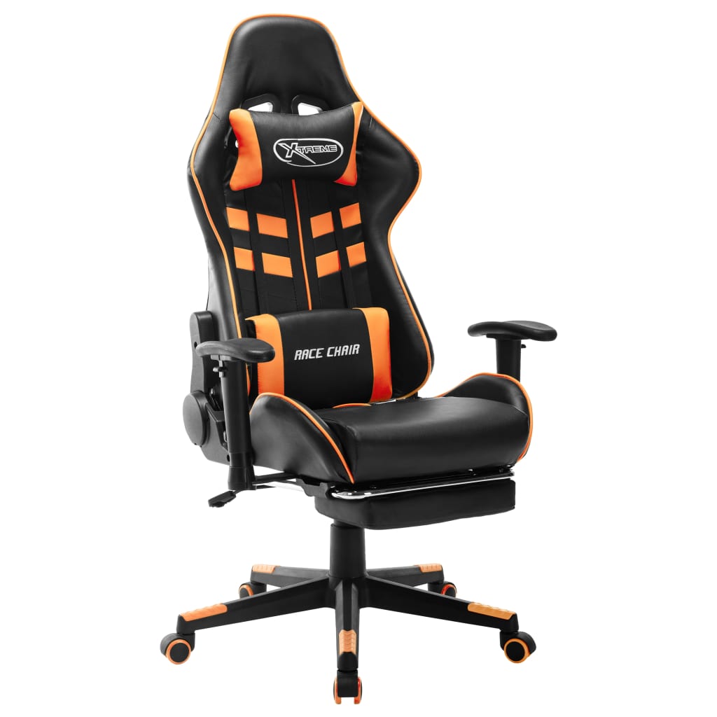 Scaun gaming cu suport picioare, negru/oranj, piele ecologică