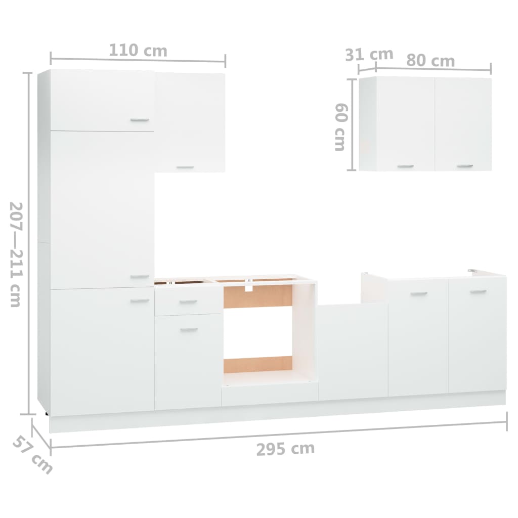 Kitchen cabinet set, 7 pieces, white, engineered wood