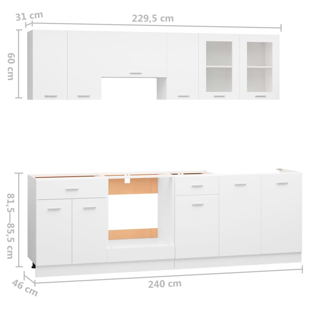 Kitchen cabinet set, 8 pieces, white, chipboard