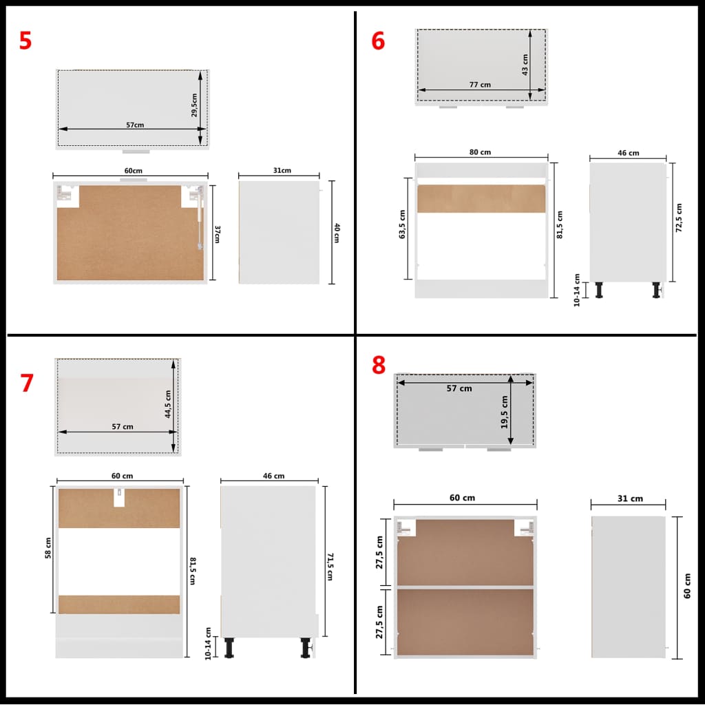 Kitchen cabinet set, 8 pieces, white, chipboard