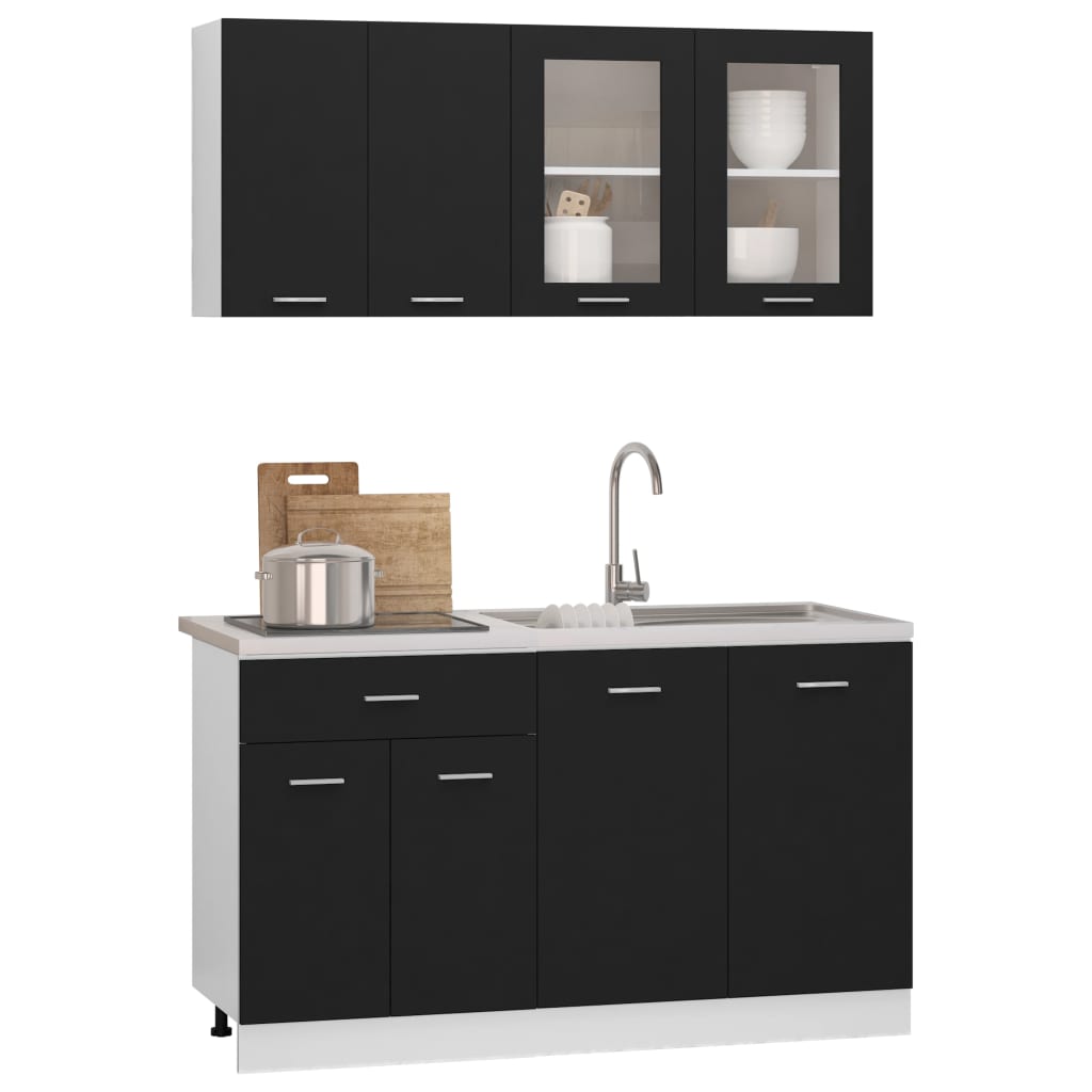 Kitchen cabinet set, 4 pieces, black, engineered wood