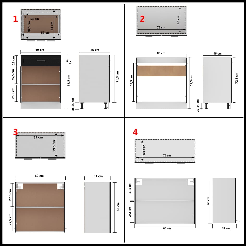 Kitchen cabinet set, 4 pieces, black, engineered wood