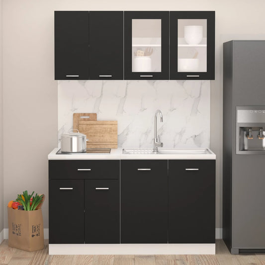 Kitchen cabinet set, 4 pieces, black, engineered wood