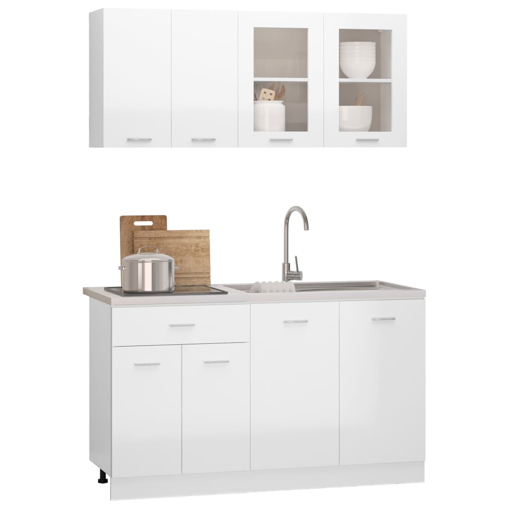 Kitchen cabinet set, 4 pieces, high-gloss white, engineered wood