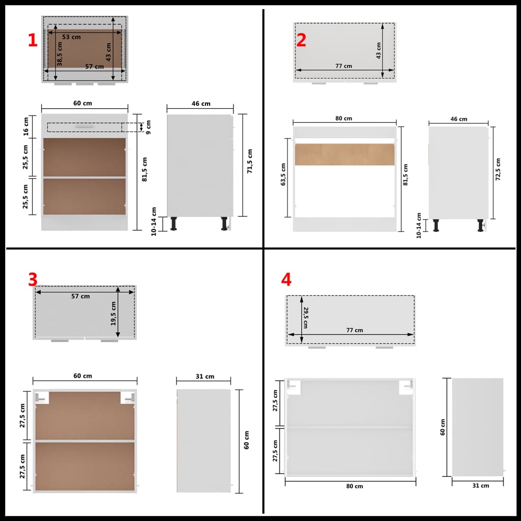 Kitchen cabinet set, 4 pieces, high-gloss white, engineered wood