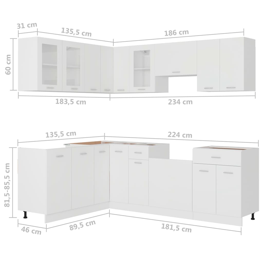 Kitchen cabinet set, 11 pieces, white, chipboard