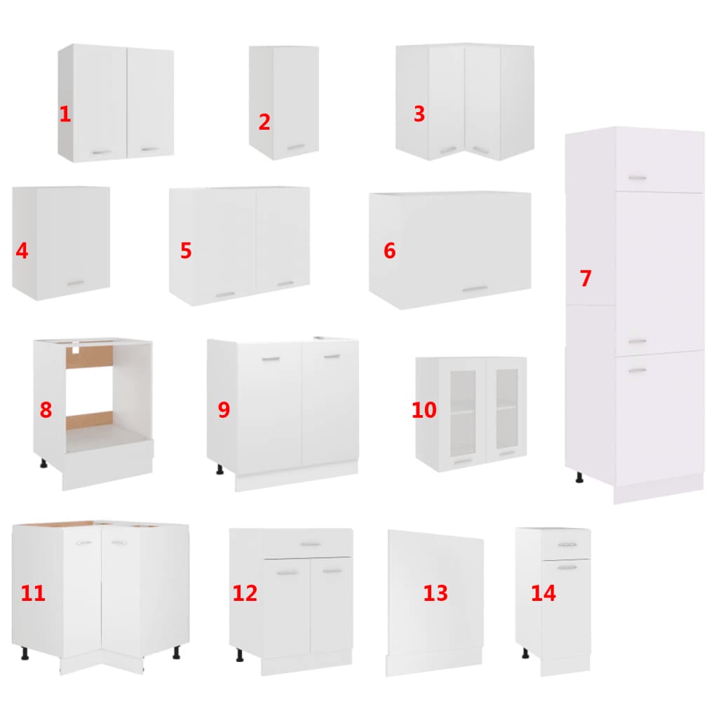 Kitchen cabinet set, 14 pieces, white, chipboard