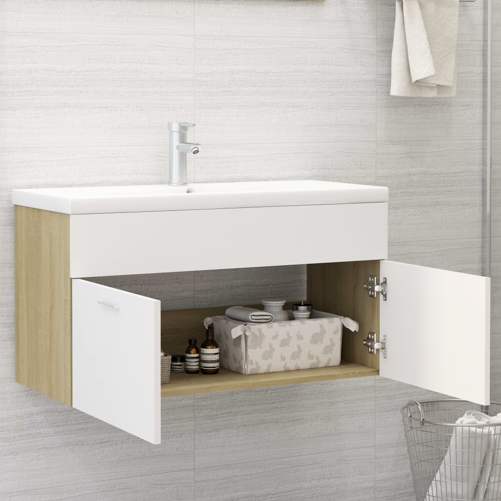 Cabinet with built-in sink white/sonoma oak, engineered wood