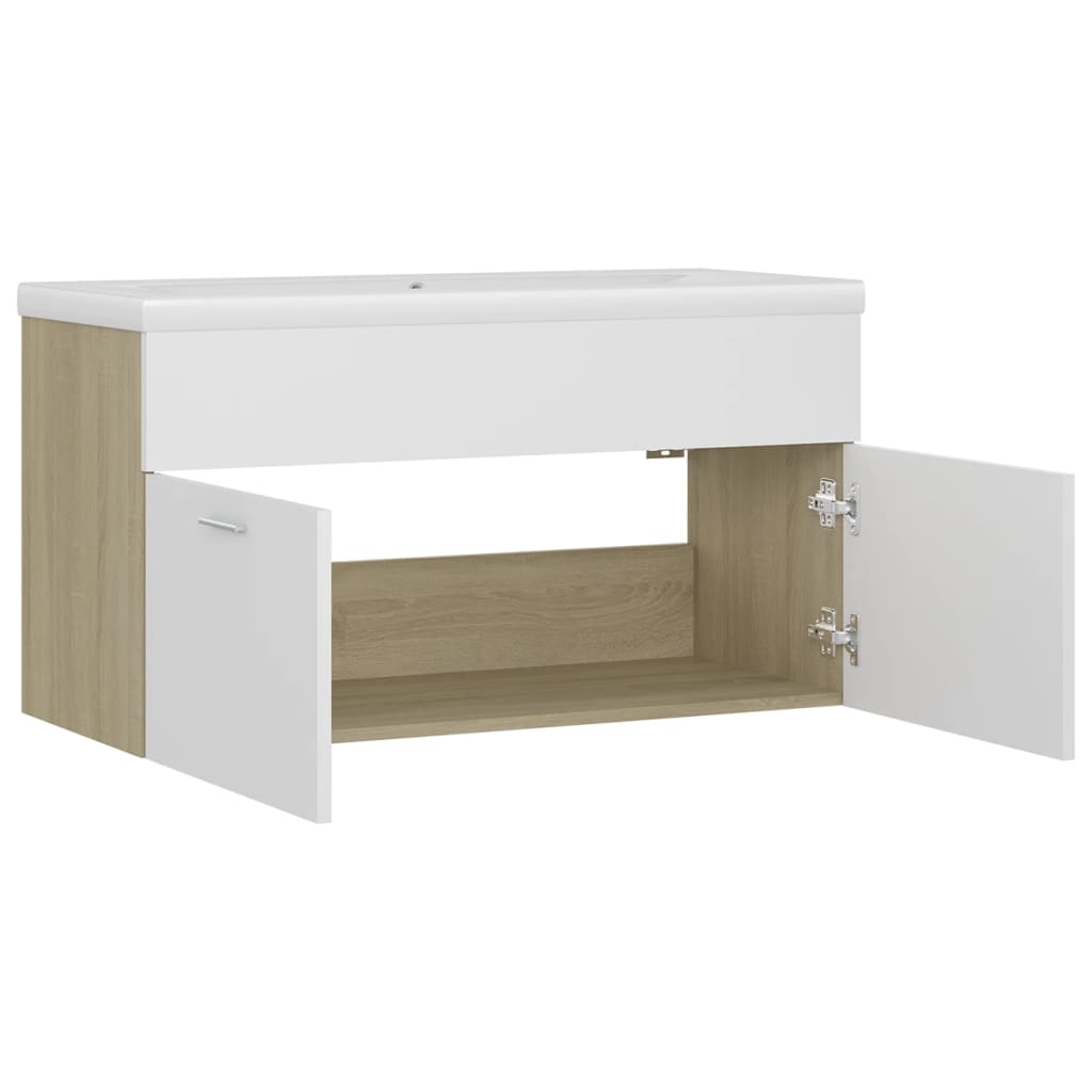 Cabinet with built-in sink white/sonoma oak, engineered wood