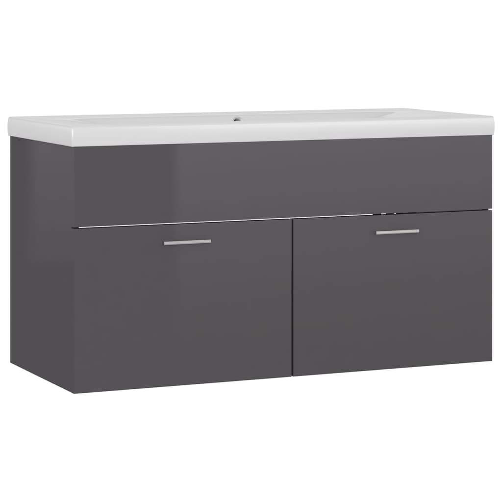 Cabinet with built-in sink, high-gloss grey, engineered wood