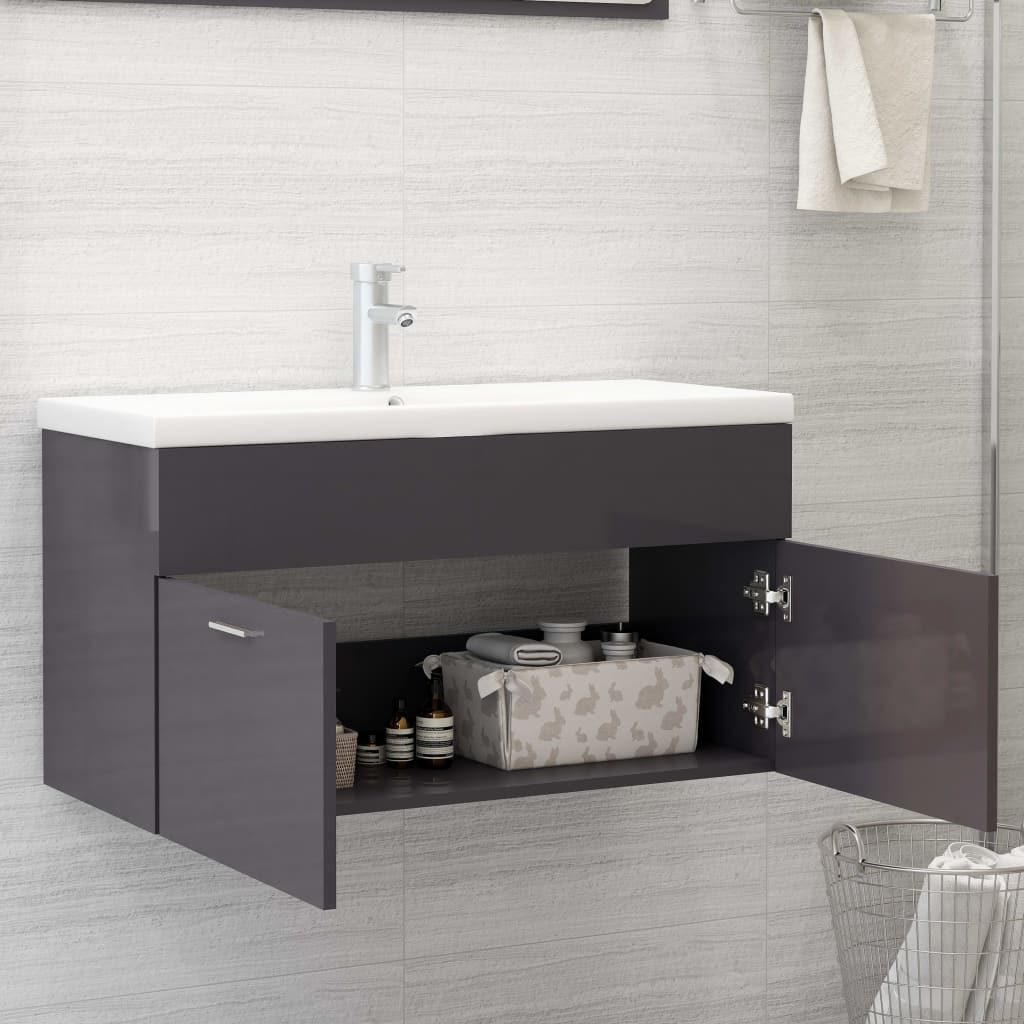 Cabinet with built-in sink, high-gloss grey, engineered wood