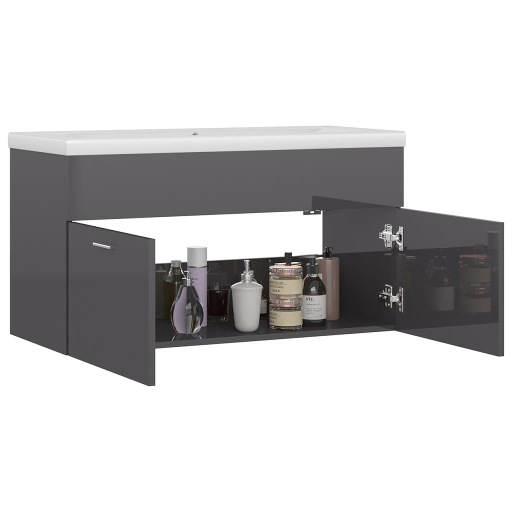 Cabinet with built-in sink, high-gloss grey, engineered wood