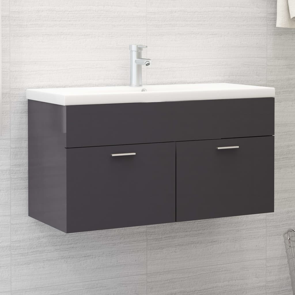 Cabinet with built-in sink, high-gloss grey, engineered wood