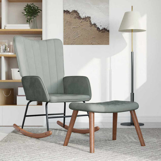 Rocking chair with stool, light gray, velvet