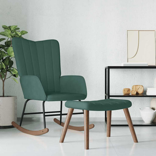 Rocking chair with stool, dark green, velvet