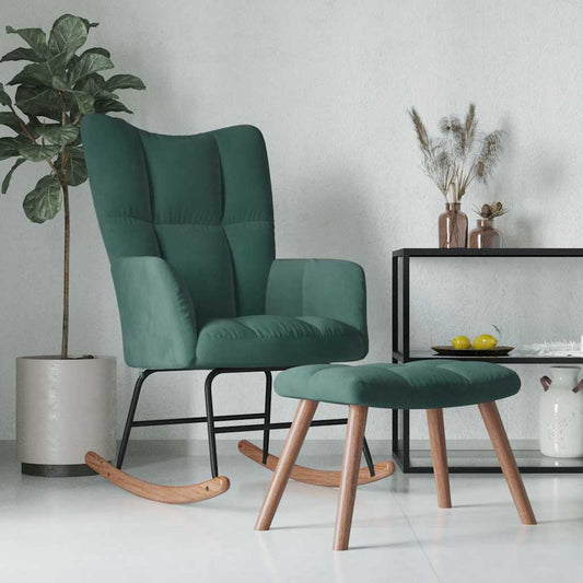 Rocking chair with stool, dark green, velvet