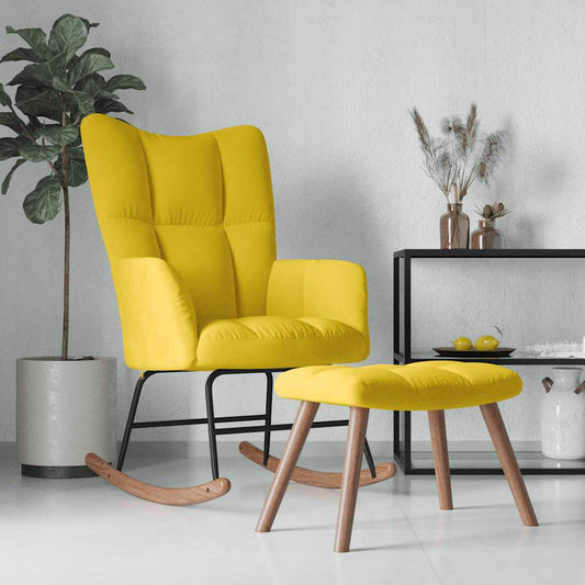 Rocking chair with stool, mustard yellow, velvet