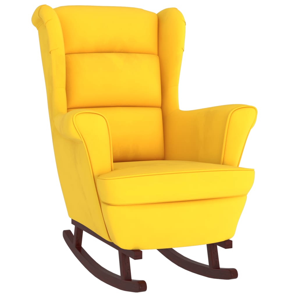 Rocking chair with solid rubber wood legs, yellow, velvet