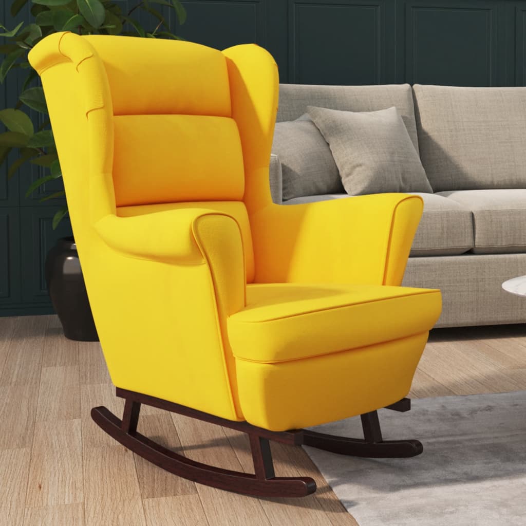 Rocking chair with solid rubber wood legs, yellow, velvet