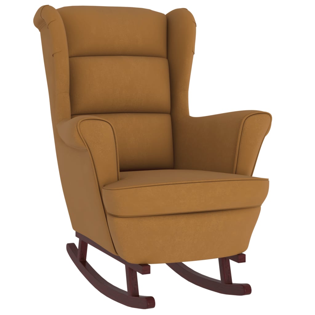 Rocking chair with solid rubber wood legs, brown, velvet