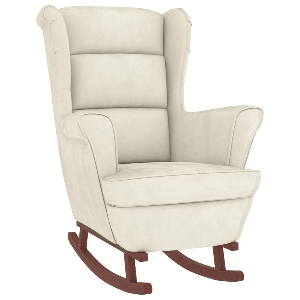 Rocking chair with solid rubber wood legs, cream, velvet