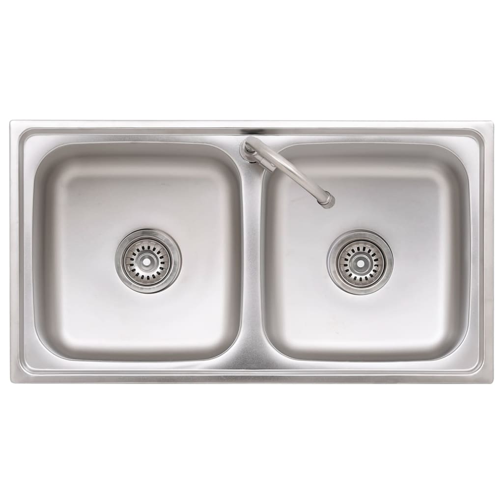 Camping sink, double bowl, with tap, stainless steel