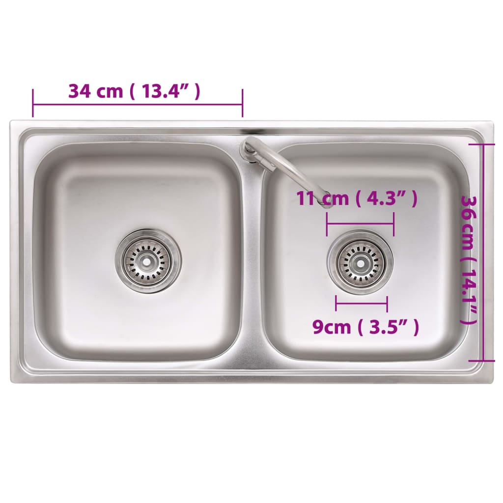 Camping sink, double bowl, with tap, stainless steel