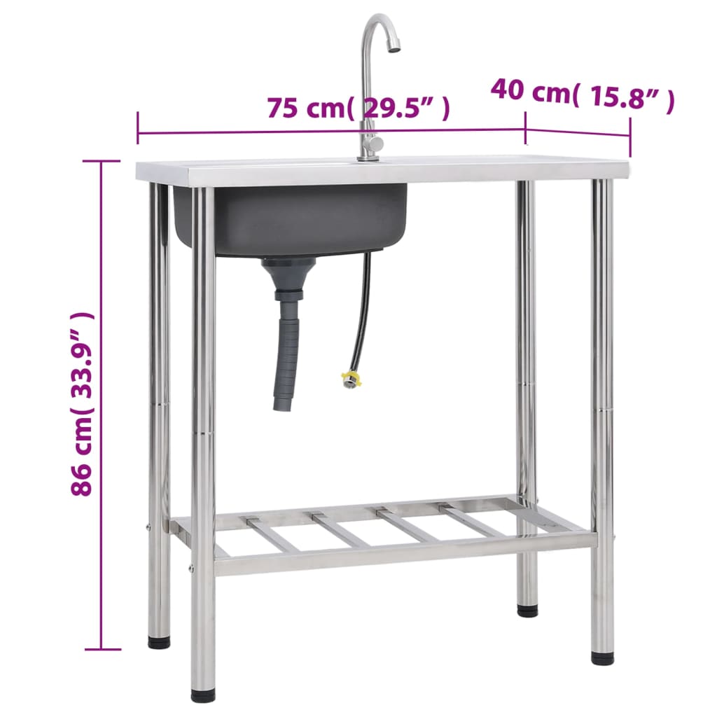 Camping sink with one bowl, with tap, stainless steel