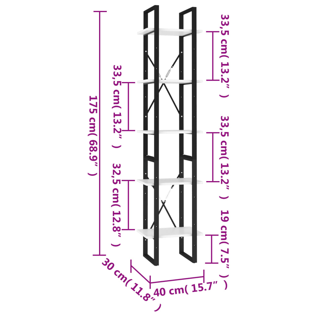 Bookcase with 5 shelves, white, 40x30x175 cm, processed wood