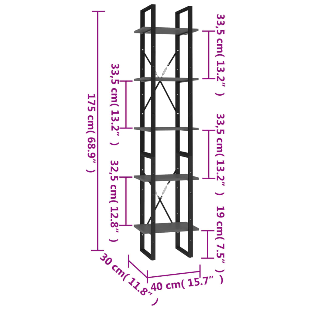 Bookcase with 5 shelves, white, 40x30x175 cm, processed wood