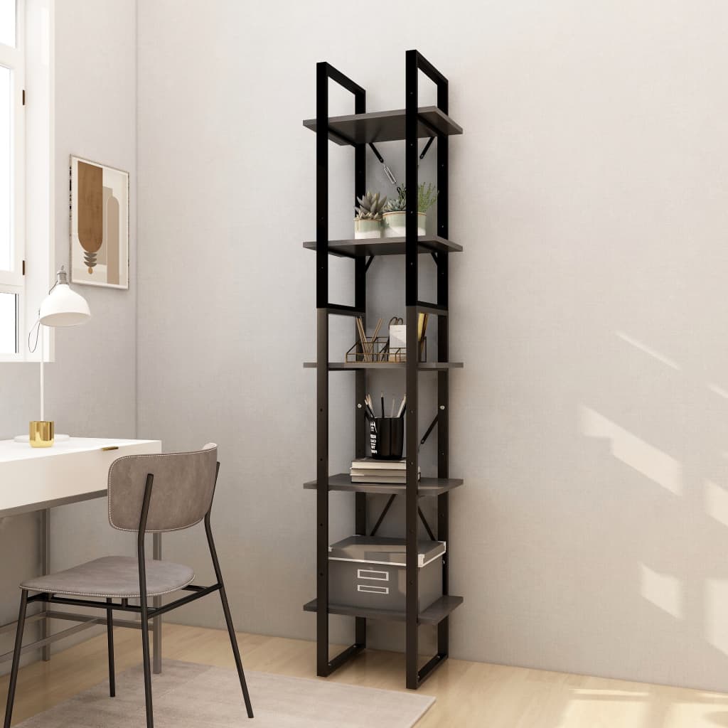 Bookcase with 5 shelves, gray, 40x30x175 cm, solid pine wood