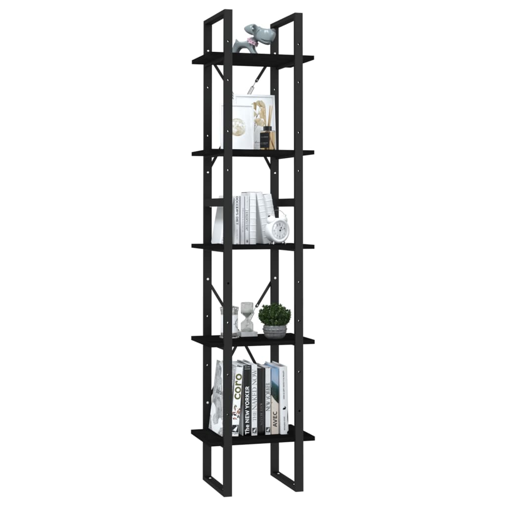 Bookcase with 5 shelves, black, 40x30x175 cm, pine wood