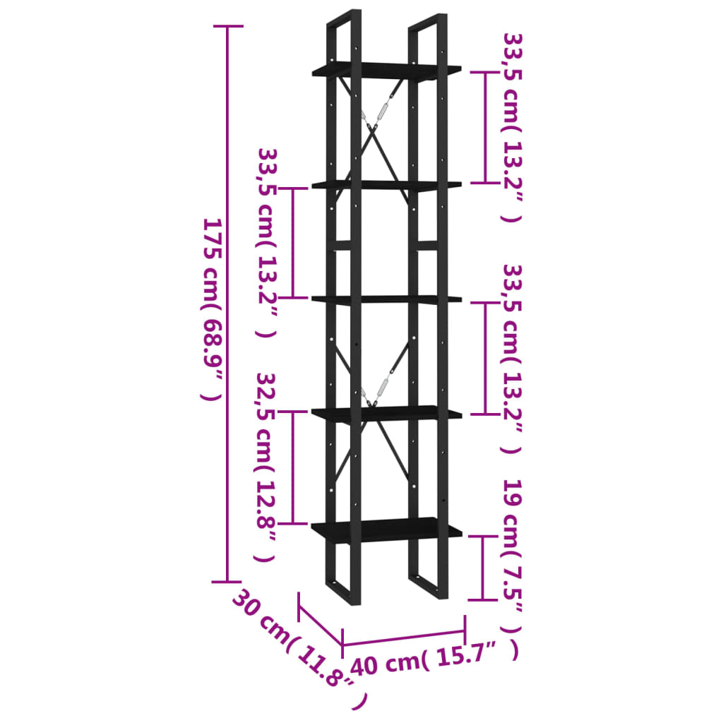 Bookcase with 5 shelves, black, 40x30x175 cm, pine wood