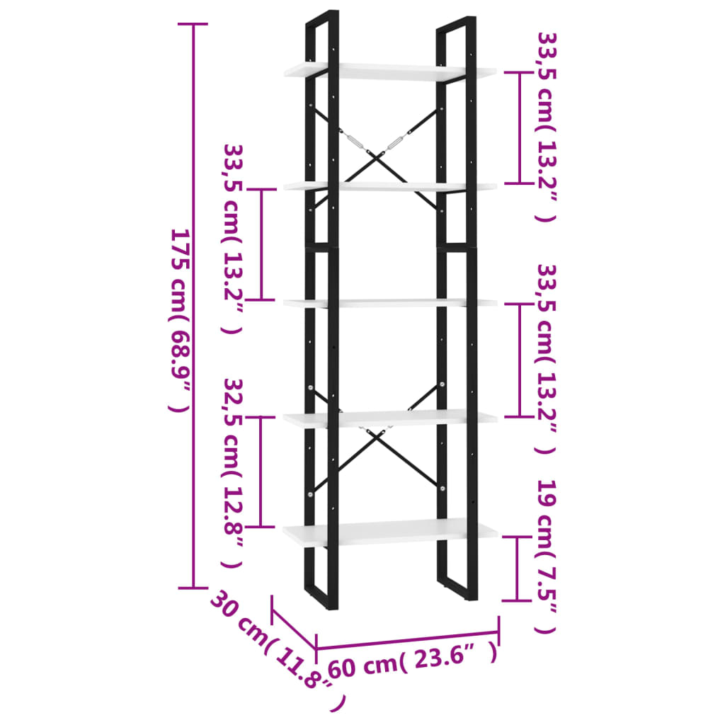 Bookcase with 5 shelves, white, 60x30x175 cm, processed wood