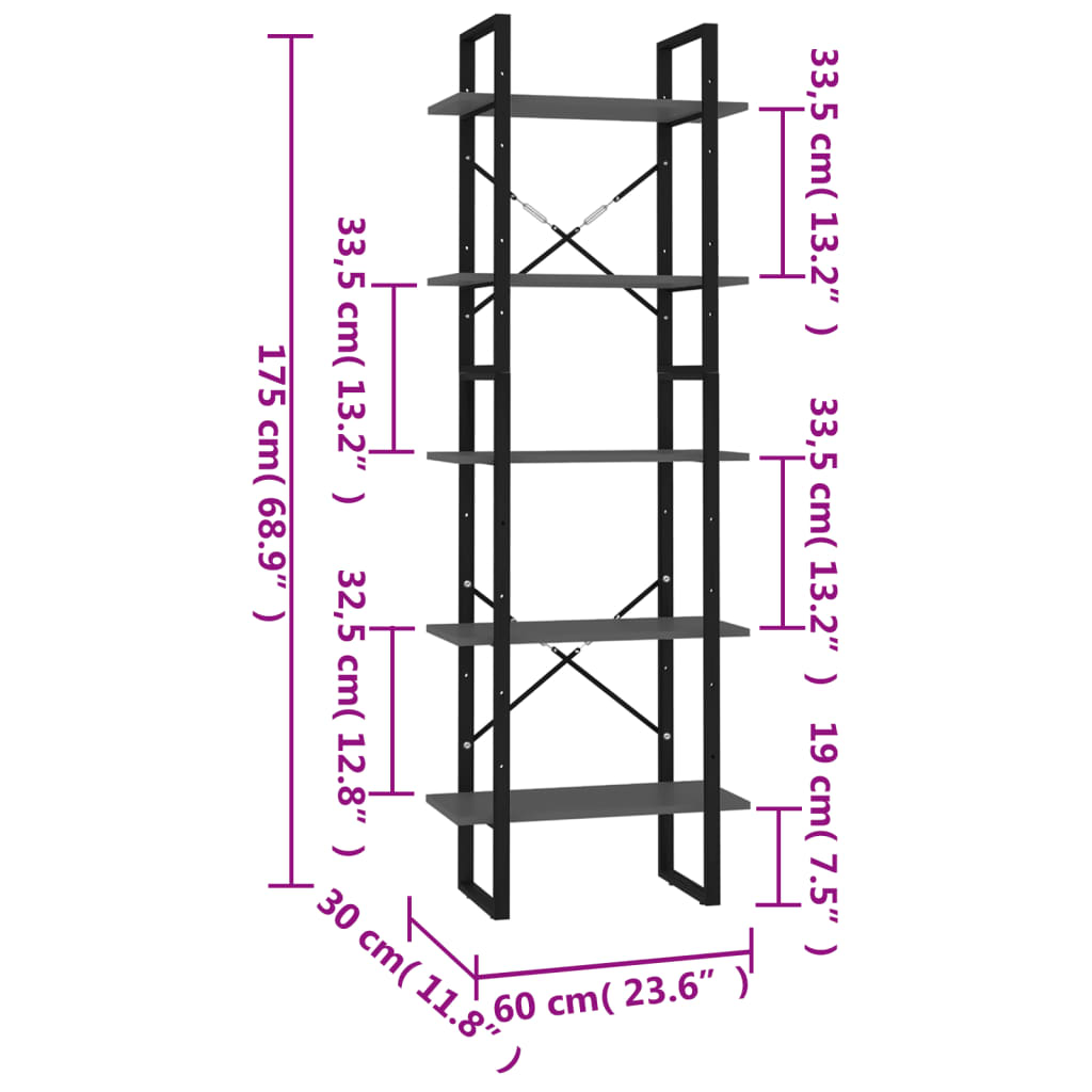 Bibliotecă cu 5 rafturi, gri, 60x30x175 cm, lemn prelucrat