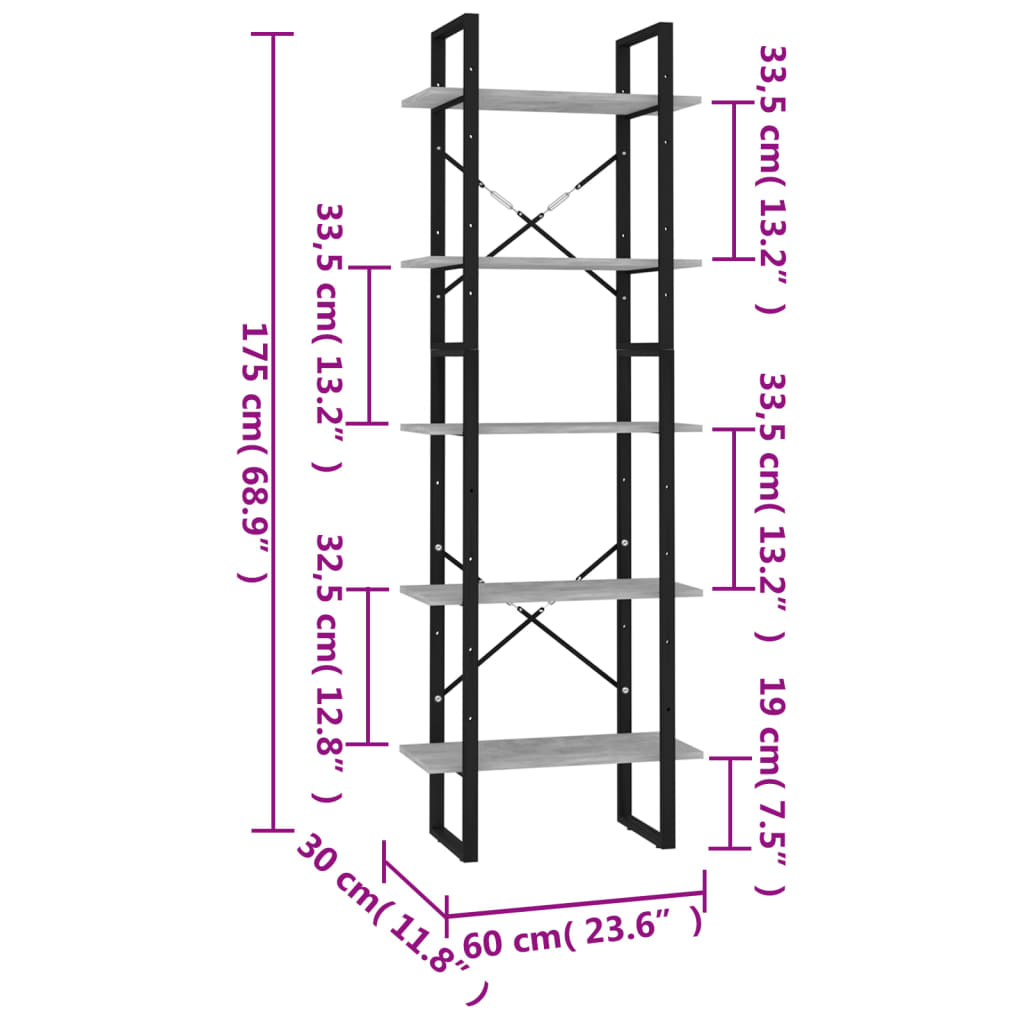 Bookcase with 5 shelves, concrete gray, 40x30x175 cm, processed wood