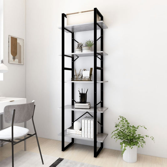 Bookcase with 5 shelves, concrete gray, 40x30x175 cm, processed wood