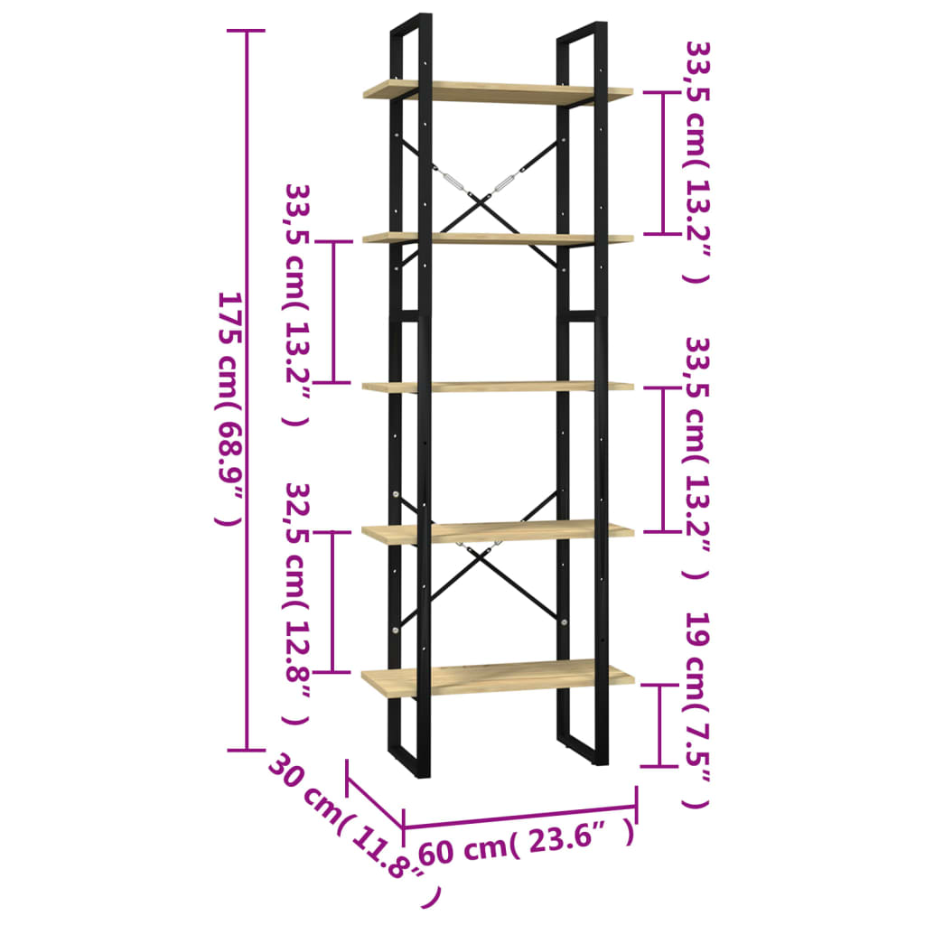 Bookcase with 5 shelves, 60x30x175 cm, solid pine wood