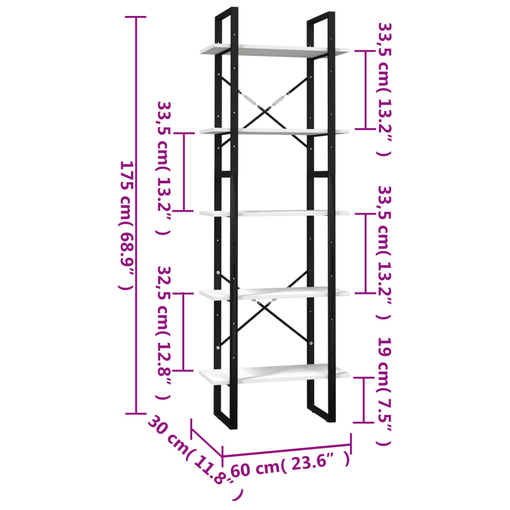 Bookcase with 5 shelves, white, 60x30x175 cm, solid pine wood