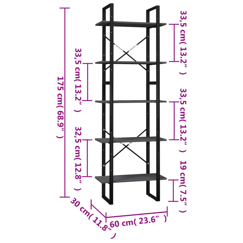 Bibliotecă cu 5 rafturi, gri, 60x30x175 cm, lemn de pin