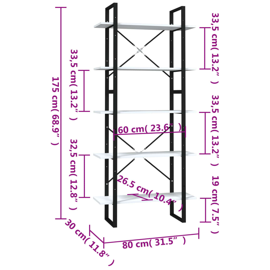 Bookcase with 5 shelves, white, 80x30x175 cm, processed wood