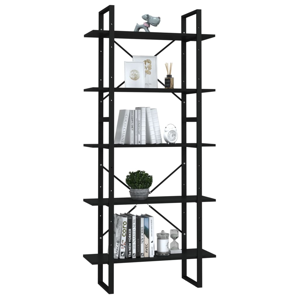 Bookcase with 5 shelves, black, 80x30x175 cm, processed wood