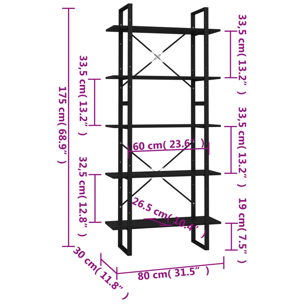 Bookcase with 5 shelves, black, 80x30x175 cm, processed wood