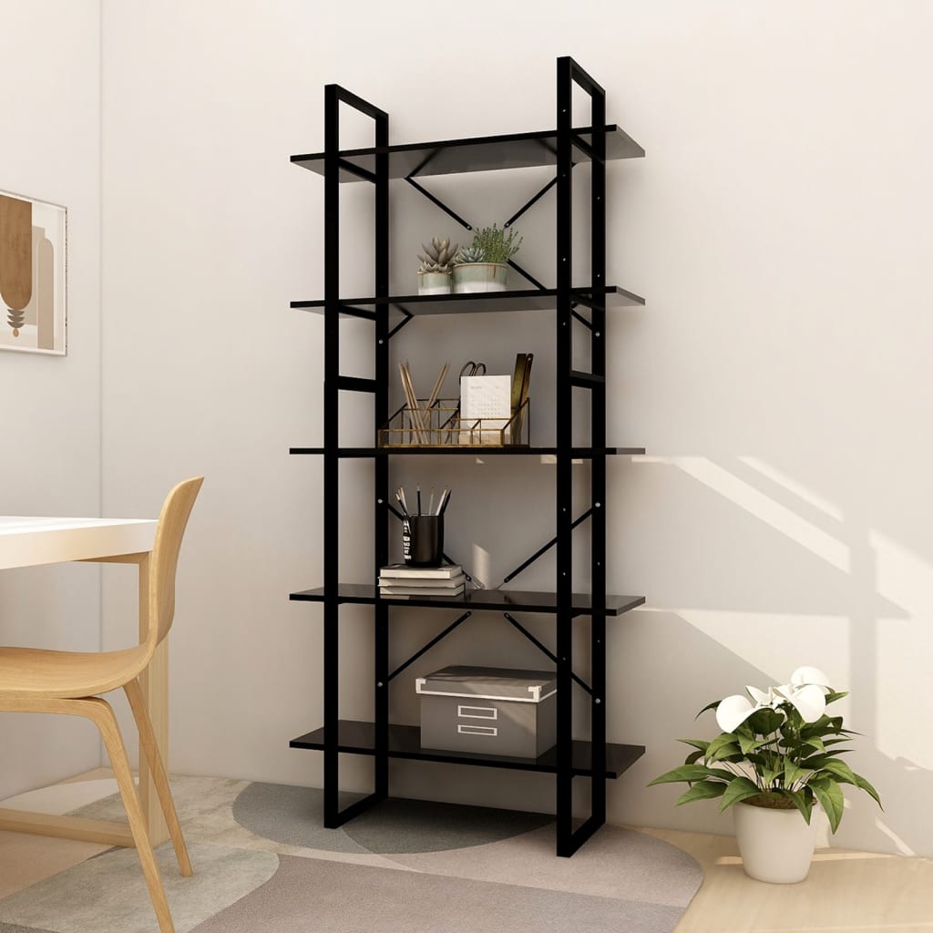 Bibliotecă cu 5 rafturi, negru, 80x30x175 cm, lemn prelucrat